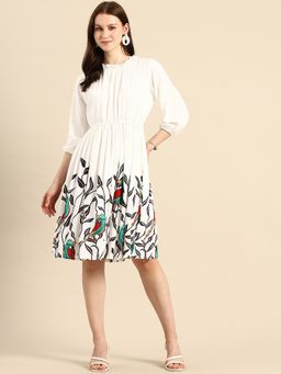A&K - Women White Bird Print Crew Neck Fit and Flared Ethnic Dress