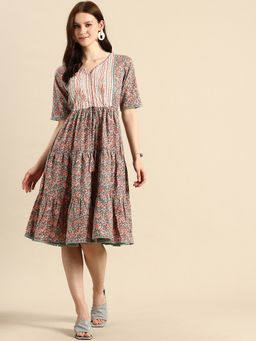 A&K - Women Green Floral Print Pure Cotton Fit and Flare Dress