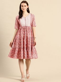 A&K - Women Pink Floral Print Pure Cotton Fit and Flare Dress