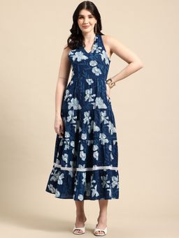 A&K - Women Navy Blue Floral Printed Tiered A-Line Ethnic Dress