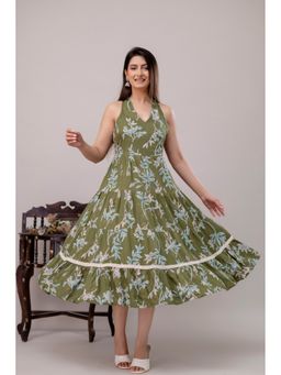 A&K - Women Green Floral Printed Tiered A-Line Ethnic Dress