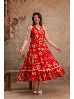 A&K - Women Red Floral Printed Tiered A-Line Ethnic Dress