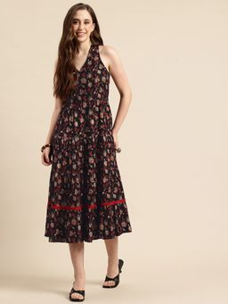 A&K - Women Black Floral Printed Tiered A-Line Ethnic Dress