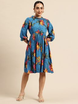 A&K - Women Blue Floral Printed Crew Neck Fit and Flared Ethnic Dress
