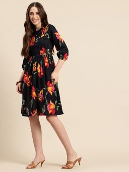 A&K - Women Black Floral Printed Crew Neck Fit and Flared Ethnic Dress