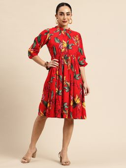 A&K - Women Red Floral Printed Crew Neck Fit and Flared Ethnic Dress