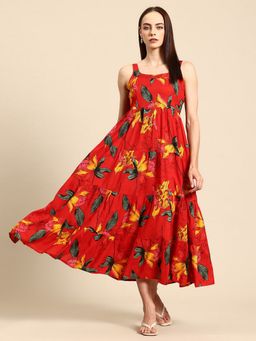 A&K - Women Red Floral Printed Shoulder Straps Tiered Fit and Flared Dress
