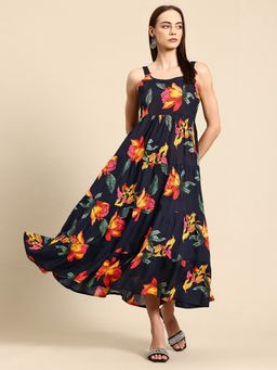 A&K - Women Black Floral Printed Shoulder Straps Tiered Fit and Flared Dress