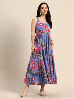 A&K - Women Blue Floral Printed Shoulder Straps Tiered Fit and Flared Dress