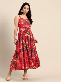 A&K - Women Red Floral Printed Shoulder Straps Tiered Fit and Flared Dress