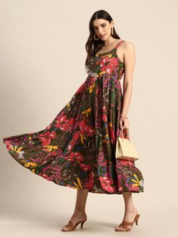 A&K - Women Green Floral Printed Shoulder Straps Tiered Fit and Flared Dress