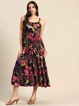 A&K - Women Black Floral Printed Shoulder Straps Tiered Fit and Flared Dress