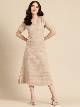 A&K - Women Beige Half Sleeve A-Line Midi Dress