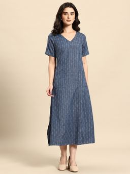 A&K - Women Blue Striped V-Neck A-Line Midi Dress