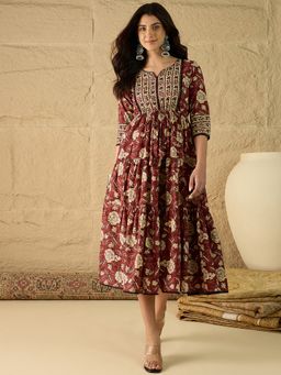 A&K - Women Red Floral Print Pure Cotton Fit and Flare Dress