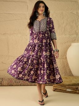 A&K - Women Purple Floral Print Pure Cotton Fit and Flare Dress