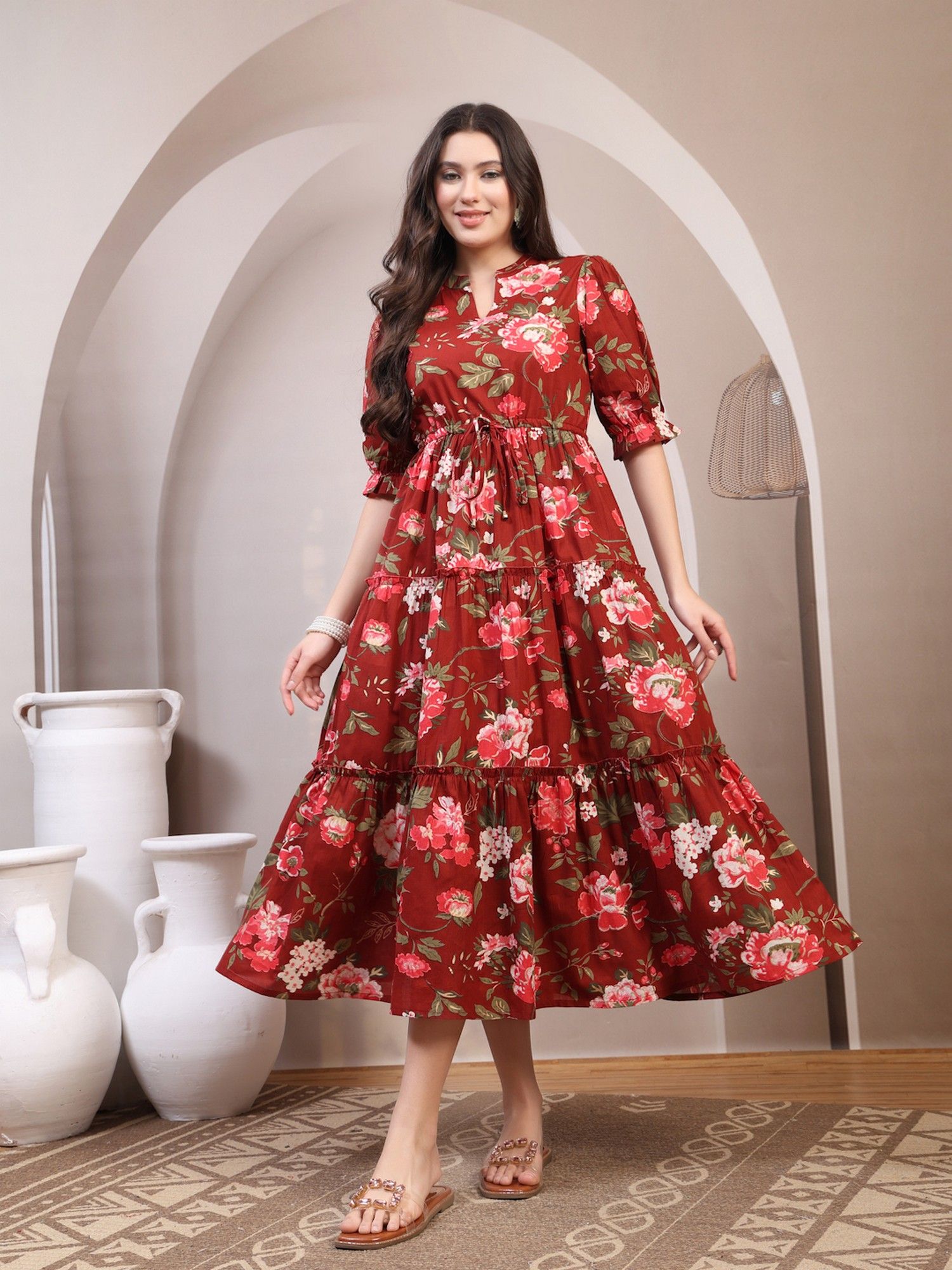 Women Maroon Floral Printed Pure Cotton Fit and Flared Ethnic Dress-image-3
