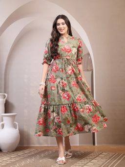 A&K - Women Green Floral Printed Pure Cotton Fit and Flared Ethnic Dress