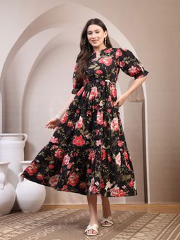 A&K - Women Black Floral Printed Pure Cotton Fit and Flared Ethnic Dress