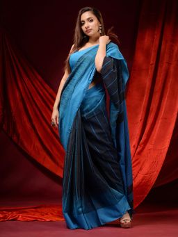 CHARUKRITI - Black and Sapphire Blue Cotton Handspun Woven Patterns Saree with Unstitched Blouse