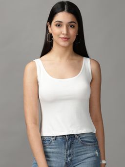 SHOWOFFFF - Womens Sleeveless Scoop Neck White Solid Tank Top