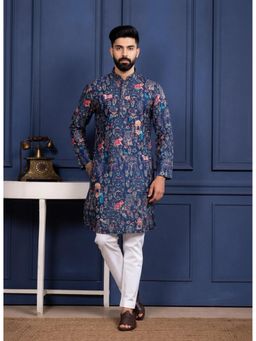 Gahan - Navy Blue Cotton Digitally Indian Art Printed Kurta with Pyjama