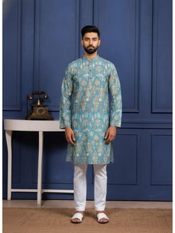 Gahan - Blue Cotton Digitally Indian Art Printed Kurta with Pyjama