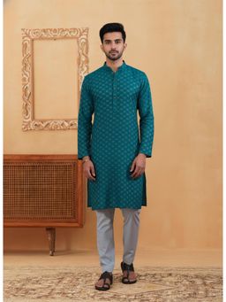 Gahan - Mens Teal Cotton Woven Kurta with Cotton Pyjama
