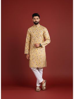 Gahan - Yellow Cotton Digitally Indian Art Printed and Embellished Kurta with Pyjama