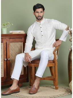 Gahan - Mens White Jacquard Embellished Kurta with Pyjama
