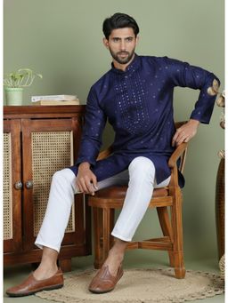 Gahan - Mens Navy Blue Jacquard Embellished Kurta with Pyjama