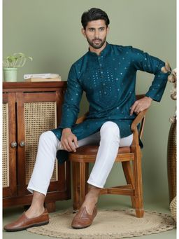 Gahan - Mens Teal Jacquard Embellished Kurta with Pyjama