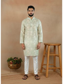 Gahan - Mens Light Green Pure Linen Printed Kurta with Cotton Pyjama