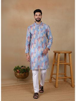 Gahan - Mens Blue Pure Linen Printed Kurta with Cotton Pyjama