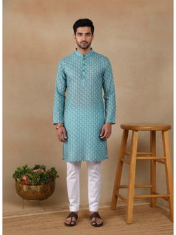 Gahan - Mens Light Blue Pure Linen Printed Kurta with Cotton Pyjama