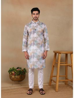 Gahan - Mens White Pure Linen Printed Kurta with Cotton Pyjama