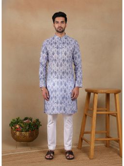 Gahan - Mens Blue Pure Linen Printed Kurta with Cotton Pyjama