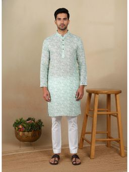 Gahan - Mens Light Blue Pure Linen Printed Kurta with Cotton Pyjama