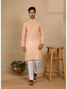 Gahan - Mens Orange Pure Linen Printed Kurta with Cotton Pyjama