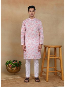 Gahan - Mens Pink Pure Linen Printed Kurta with Cotton Pyjama