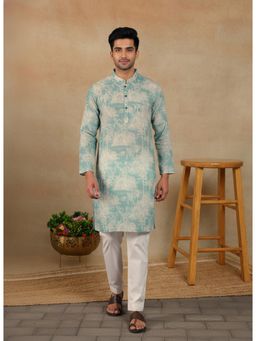 Gahan - Mens Blue Pure Linen Printed Kurta with Cotton Pyjama