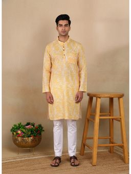 Gahan - Mens Yellow Pure Linen Printed Kurta with Cotton Pyjama