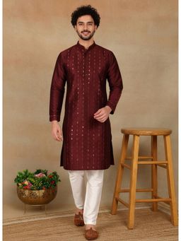 Gahan - Mens Maroon Art Silk Embellished Kurta with Pyjama