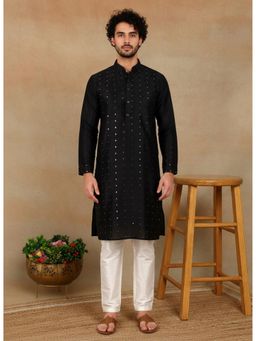Gahan - Mens Black Art Silk Embellished Kurta with Pyjama