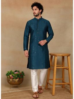 Gahan - Mens Teal Art Silk Embellished Kurta with Pyjama