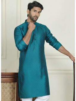 Gahan - Mens Teal Art Silk Embroidered Kurta with Pyjama