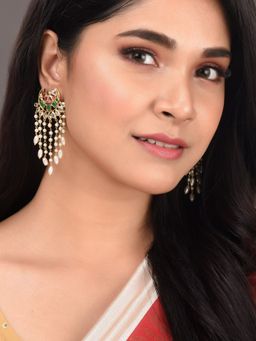 Saraf RS Jewellery - Gold Plated Red and Green AD Studded Crescent Shaped Long Pearls Drop Earrings