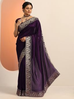 Libas - Burgundy Silk Blend Embellished Saree with Unstitched