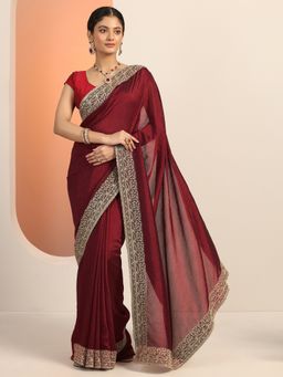 Libas - Maroon Silk Blend Embellished Saree with Unstitched