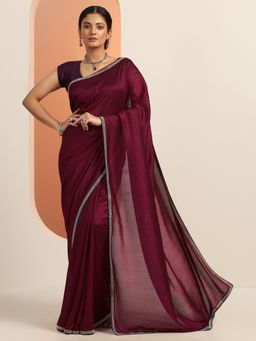 Libas - Burgundy Silk Blend Solid/Plain Saree with Unstitched